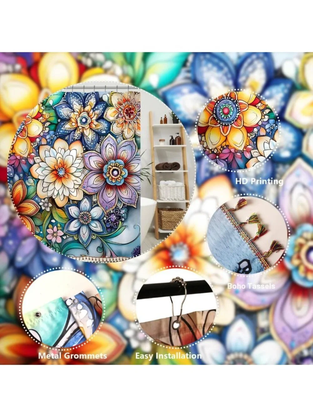 Boho Floral Shower Curtain 72x72